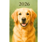 Agenda settimanale 2026 verticale A5 con cane Golden Retriever: 12 mesi, sabato domenica interi, intervalli 30 minuti, doppia pagina, italiano, tema cani.