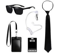 Agent Costume Accessoires, Ensemble d’Accessoires d’Agent Secret avec Lunettes de Soleil, Cravate, Carte d’Identité, Porte-Cartes et Oreillette, Déguisement Espion Homme Femme pour Carnaval Cosplay