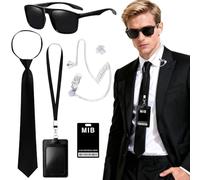 Agent Costume Accessoires, Ensemble de costumes de services secrets, Men in Black Deguisement avec des lunettes de soleil noires, bouchons d'oreilles, cravate, casque audio, porte-cartes, pour cospl