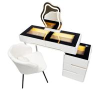 AGGBDYXO Bureau De Coiffeuse avec Plateau en Verre Et Miroir Nuage - Coiffeuse, Meuble De Rangement à 2 Tiroirs Et 3 Tiroirs, Table De Maquillage pour Chambre à Coucher, Dressing Ou Salle De Bain