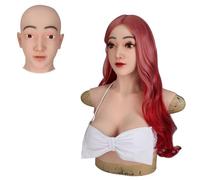 AGGBDYXO Masque de tête en Silicone pour travesti, Masque de Visage Fait à la Main, Couvre-Chef pour Fille américaine, Faux Seins pour Halloween,Color 2,with Makeup