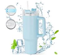 AGH life 1182ML 40OZ Mug Isotherme, Tasse à café à paroi double isolée sous vide acier couvercle, Café avec poignée et Paille Gobelet Isotherme Réutilisablestient (bleu)