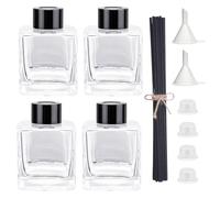 Agidea Lot de 4 flacons diffuseurs en verre rechargeables de forme carrée avec 20 bâtonnets de roseaux, bouchons noirs et entonnoir, 8,4 cm de haut, 100 ml pour décoration d'huile d'intérieur