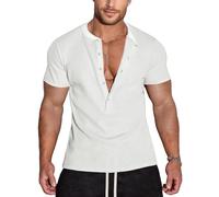 Agilelin Henley T-shirt à manches longues et courtes pour homme Motif gaufré 5 boutons Coupe ajustée Sous-vêtements thermiques, 2 courts/blanc, L