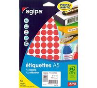 Agipa Pastilles adhésives rondes Ø 15 mm – 960 étiquettes (A5, 10 feuilles) – Rouge