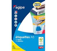 AGIPA Lot de 5 Etuis A5 (16F) de 16 étiquettes multi-usage Permanentes 210 x 148 mm Blanc