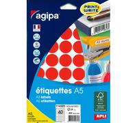 Agipa Pastilles adhésives rondes Ø 24 mm - 114323 - A5 - Pochette de 10 feuilles de 40 - 400 étiquettes - Rouge
