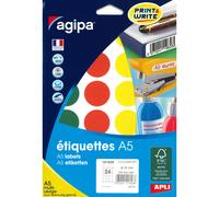 Agipa Pastilles adhésives rondes Ø 30 mm - 101828 - A5 - Pochette de 7 feuilles de 24 - 168 étiquettes - Assorties