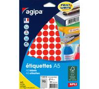 Agipa Pastilles adhésives rondes Ø 15 mm - 114313 - A5 - Pochette de 10 feuilles de 96 - 960 étiquettes - Rouge
