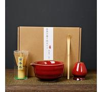 Agitateur à matcha en céramique, fouet et bol, ensemble de 4 pièces avec coffret(Red)