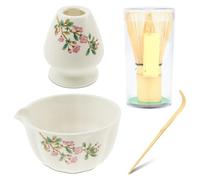 Agitateur à matcha en céramique, fouet et bol, ensemble de 4 pièces, tasses élégantes avec support, ustensile cuisine for les amateurs thé(White)