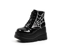 Agiyenna Bottines Gothiques À Lacets Pour Femme Talon Bloc Punk Bottines Plates En Cuir Verni Chaussures Épaisses Bottes De Motard Bottes Hautes Avec Motif Toile D'Araignée Ailes De Chauve-Souris