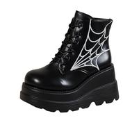 Agiyenna Bottines Gothiques À Lacets Pour Femme Talon Bloc Punk Bottines Plates En Cuir Verni Chaussures Épaisses Bottes De Motard Bottes Hautes Avec Motif Toile D'Araignée Ailes De Chauve-Souris