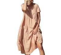 Agiyenna D'été Trapèze pour Femmes Balançoire Ample Robe à Manches Courtes avec Poches Unie Décontractée à Col Rond Jusqu'aux Genoux Élégante Midi de Plage