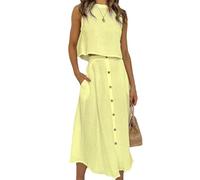 Agiyenna Femme Ensemble Jupe Léger Élégant 2 Pièces Été Uni Set Plage Débardeur Col Rond sans Manches et Jupe Haute Taille à Boutons Alignés & Poches Latérales Tenue Décontractée