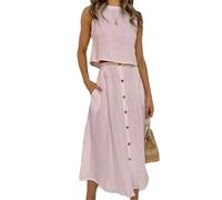 Agiyenna Femme Ensemble Jupe Léger Élégant 2 Pièces Été Uni Set Plage Débardeur Col Rond sans Manches et Jupe Haute Taille à Boutons Alignés & Poches Latérales Tenue Décontractée