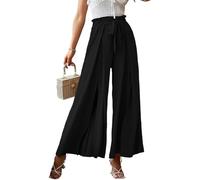 Agiyenna Pantalon D'été pour Femme avec Cordon de Serrage Jupe Culotte Longue Pantalon de Loisirs à Jambes Larges Pantalon Élégant avec Ceinture à Nouer Plissé Taille Haute Pantalon Uni avec Nœud