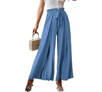 Agiyenna Pantalon D'été pour Femme avec Cordon de Serrage Jupe Culotte Longue Pantalon de Loisirs à Jambes Larges Pantalon Élégant avec Ceinture à Nouer Plissé Taille Haute Pantalon Uni avec Nœud