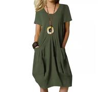 Agiyenna Robe D'été Trapèze Balançoire Ample à Manches Courtes avec Poches, Unie Décontractée à Col Rond, Élégante Midi de Plage Jusqu'aux Genoux pour Femmes