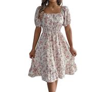 Agiyenna Robe pour Femmes Robe Style Boho d'Été Taille Cintrée Court Robe Décontractée Élégante Ligne A Imprimé Fleuri Robe Sexy Mini Robe Encolure Carrée Épaules Dénudées avec Volants