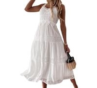 Agiyenna Robes D'été Maxi en Dentelle pour Femme Robe Boho sans Manches Col en V Robe Trapèze Elégante et Décontractée Robes de Plage Robe Longue Plissée D'été pour Femme