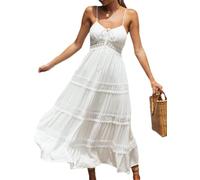 Agiyenna Robes D'été Maxi en Dentelle pour Femme Robe Boho sans Manches Col en V Robe Trapèze Elégante et Décontractée Robes de Plage Robe Longue Plissée D'été pour Femme