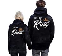Agiyenna Sweat à Capuche Unisexe pour Femme et Homme Modèle Couple Imprimé King Queen Tendance Manches Longues Col Rond Chaud Hiver Veste Décontractée