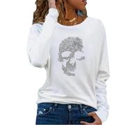 Agiyenna T-Shirt Punk pour Femmes Imprimé Tête de Mort avec Strass Chemise D'été Ample à Manches Longues avec Col Rond Tenue Mode pour Fêtes Carnaval Chemise de Loisirs