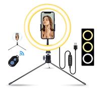 AGM LED Anneau Lumineux 10" avec Mini Table Trépied, 3 Modes & 10 Luminosité | Support de Téléphone | Controle par Télécommande Bluetooth pour Live Streaming Photographie Vidéographie