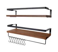 AGM Lot de 2 étagères murales flottantes en Bois pour Chambre à Coucher, Salle de Bain, Salon, Cuisine avec 1 Barre Porte-Serviettes et 8 Crochets en S, Charge maximale de 15 kg