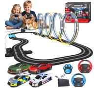 AGM MASTECH 18,7 pieds Set de circuit de voiture à slot, 4 voitures jouets lumineuses officiellement licenciées, commandes au volant et à pied,4 pistes en boucle clignotantes, modes de courant doubles
