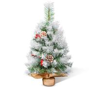 AGM Mini Sapin de Noël givré de 60 cm avec Baies Rouges et Pommes de pin, pour décoration de Noël, Maison, Cuisine, Table à Manger