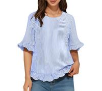 Agmoctz Chemise Ample Décontractée à Volants et Col Rond pour Femme, Manches Mi-Longues, Rayée Rayures Bleues XL