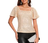 Agmoctz Chemisier à Manches Courtes et Col Carré pour Femme, Orné de Sequins et de Manches Bouffantes: Un Haut Tendance et Polyvalent pour Les Fêtes Couleur Abricot S
