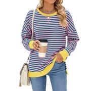 Agmoctz Sweat-Shirt Oversize pour Femme, Été 2025, Col du Cou, Rayé, Manches Longues, Fente Latérale, Sweat à Capuche, Y2K Vert et Rose XXL