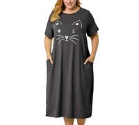 Agnes Orinda Chemise de Nuit Femme Grande Taille à imprimé Chat avec Poche de Nuit Gris foncé 4XLL