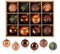 Agoer 12 Boules Sapin de Noël Tons Chauds,8cm Boules Plastique Incassables,Finitions Brillantes, Mates et Pailletées, 6 Styles Idéales pour Les fêtes, Mariages et célébrations (Doré, Cuivre et Vert)