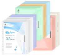 Agoer 32 Pochettes Plastique Transparent A4+ avec Fermeture - 7 Couleurs Assorties avec 11 Trous - Pochette Perforée A4 de 180 Microns avec Poches pour étiquettes - Pour la Maison, le école