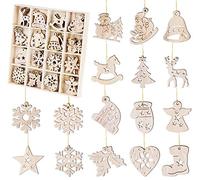 Agoer 64pcs Suspension Noel en Bois Père Noël, 4cm Suspensions pour Arbre de Noël Flocon de Neige Ange Arbre De Noël Étoile en Bois Décoration DIY Suspendu Creation pour Noel avec Cordon Doré