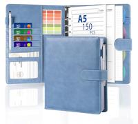 Agoer Classeur A5 rechargeable en cuir synthétique avec recharge de 150 feuilles, 4 intercalaires, autocollants et enveloppes à fermeture éclair, pour bureau, école et voyage (bleu marine)