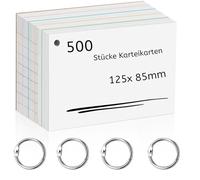 Agoer Lot de 500 Fiches Bristol Blanches, Flashcards Perforées Lignées impression recto-verso, 125 x 85 mm, cartes de révision avec couverture en kraft et anneau, cartes d'apprentissage,vocabulaire