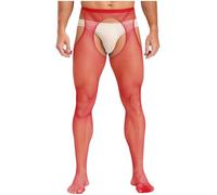 Agoky Bas en Résille Homme Sexy Collant Creux Ouvert Entrejambe Vêtement De Nuit Collant Transparent Nightwear Rouge Taille Unique