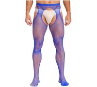 Agoky Bas en Résille Homme Sexy Collant Creux Ouvert Entrejambe Vêtement De Nuit Collant Transparent Nightwear Bleu Royal Taille Unique