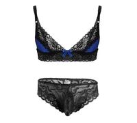 Agoky Ensembles De Lingerie Homme Sissy sous-vêtements Dentelle Soutien Gorge + String Cosplay Travesti Costume Halloween Nuisette M-XL Bleu Royal L