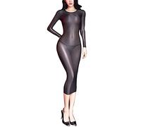 Agoky Femme Robe De Nuit Sexy Transparente Bodycon Manches Longues Moulante Chemise De Nuit Lingerie Coquine Nuisette Nightwear Noir Taille Unique