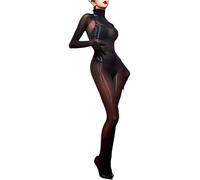 Agoky Femme Sexy Lingerie De Nuit Bodystocking Brillant Manches Longues Combinaison Complet Body Collant Babydoll Nuisette Noir Taille unique