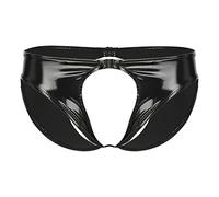 Agoky Lingerie Homme Mini String Taille Basse Cuir Verni Culotte sous Vetements Slip Bikini Sissy Ouvert Underwear Underpants M-4XL Noir L