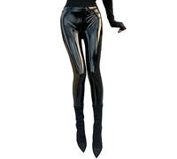 Agoky Pantalon Moulant Femme Taille Haute Collant en Faux Cuir Brillant Leggings Extensible Clubwear S-5XL Noir A XL
