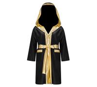 Agoky Peignoir De Boxe Enfant Garçon Satin Robe à Capuche Manches Longues Kimono Muay Thaï Kickboxing Peignoir 5-16 Ans Noir 15-16 ans