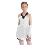 Agoky Robe De Danse Classique Enfant Fille Latine Tango Salsa Justaucorps De Patinage Artistique Et Manchettes Tenue 5-16 Ans Blanc 9-10 Ans